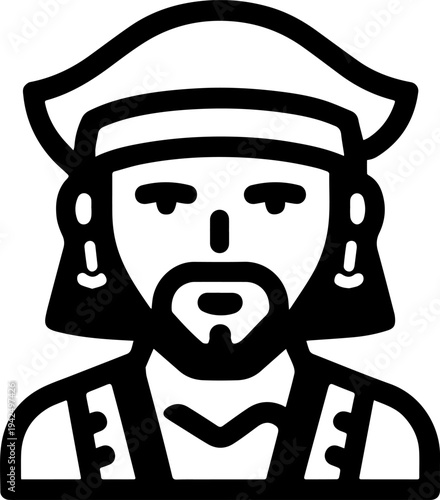 Hand Drawn Male Pirate Black and White Avatar Illustration in Minimal Line Art Style Design