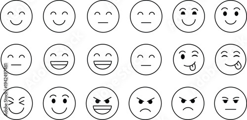 Vector icon set of outline emoji faces featuring happy sad angry surprised laughing and neutral expressions for social media communication user feedback and digital interfaces.