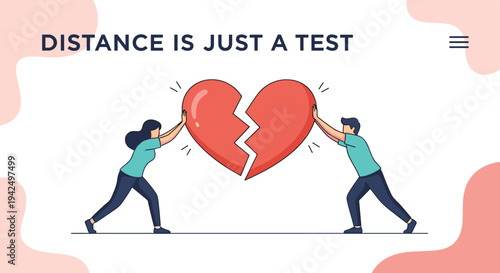 Romantic concept showing a man and a woman pushing two halves of a broken heart together to overcome distance and separation.