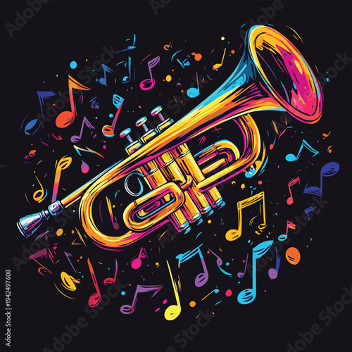 Vibrant illustration of a trumpet surrounded by colorful music notes and symbols , vector style simple color