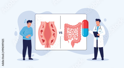 Medical infographic comparing a diseased colon to a healthy one after treatment showing a patient with stomach pain and a doctor.