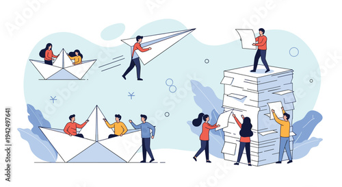 Creative business concept showing people navigating through stacks of paperwork using symbolic paper planes and boats to achieve efficiency.