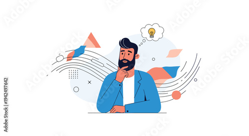 Thoughtful bearded man in a blue jacket brainstorming a new creative idea represented by a lightbulb in a thought bubble.