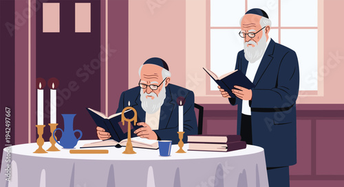 Two elderly Jewish men with white beards and kippahs engrossed in reading traditional religious books by candlelight in a study.