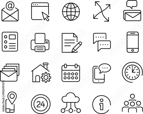Vector Illustration Set of Business and Digital Communication Icons Featuring Email, Global Connectivity, Cloud Computing, Customer Support, and Office Management.
