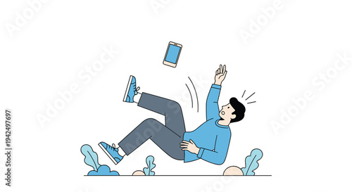Accidental slip and fall incident showing a young man falling backwards while his smartphone slips from his hand in surprise.