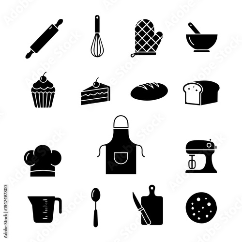 Assorted baking icons and utensils displayed neatly in a grid