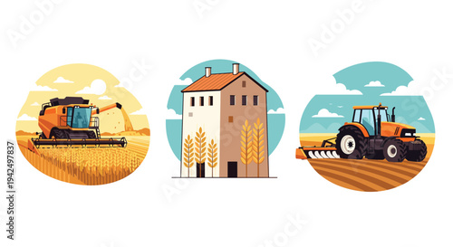 Set of three circular agricultural icons featuring a grain harvester in a field a traditional farmhouse and a tractor plowing soil.