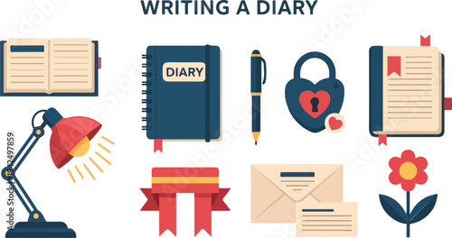 Illustrated scene of diaryrelated objects a journal lock lamp pen ribbons flower books envelope