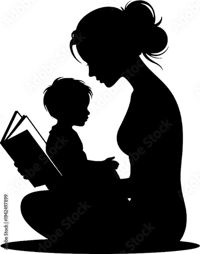 Mother and Child Story Time Silhouette Vector Clipart