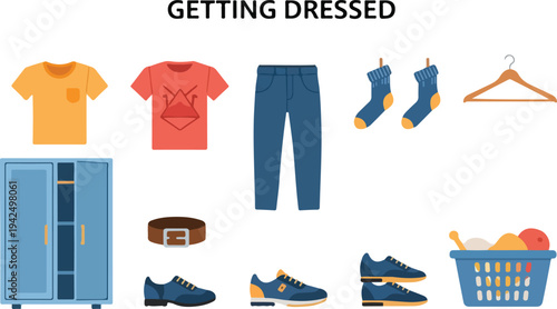 Illustration depicting clothing items shirts pants socks shoes hanger belt and a closet