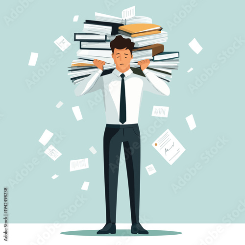 Overwhelmed Businessman Carrying Heavy Burden of Work Responsibilities, Deadlines, and Stressful Tasks on His Back, Illustrating Professional Burnout, Pressure, and Exhaustion in t