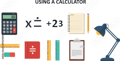 Illustration depicts a calculator next to math symbols and an addition problem with other school supplies