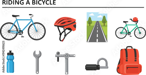 Illustration depicts bicycle helmet road tools water bottle and backpack