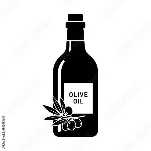 Black bottle of olive oil with olives and leaves illustration