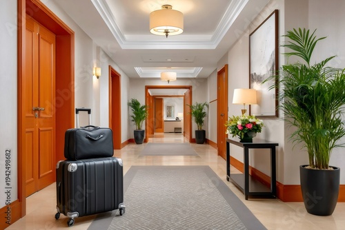 Black luggage in luxury hotel corridor for travel