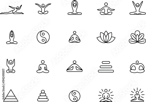 Yoga and Meditation Vector Icon Set Featuring Zen Poses Lotus Flowers Yin Yang Symbols and Wellness Elements