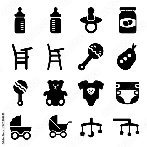Baby care icons set displayed on a clean white background