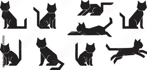 Set of 9 black geometric cat icons vector in various poses, perfect for pet-related branding, website elements, or animal welfare designs.
