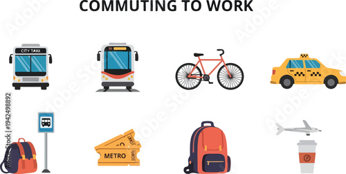 Illustration depicts commuting methods bus train bicycle taxi bus stop tickets backpack airplane and coffee cup