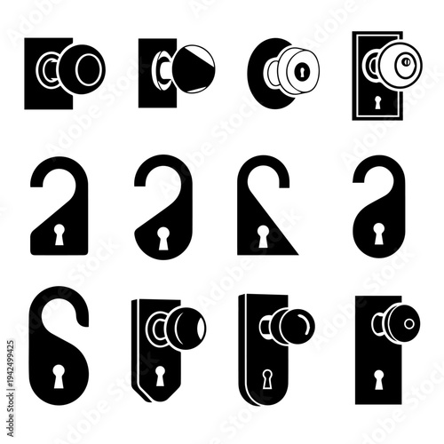 Various door handles and locks viewed from outside in a grid pattern