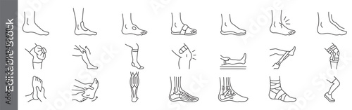 Foot, ankle and podiatry health icon set – editable outline symbols of pain, injury, swelling, leg, sprain, bandage and anatomy