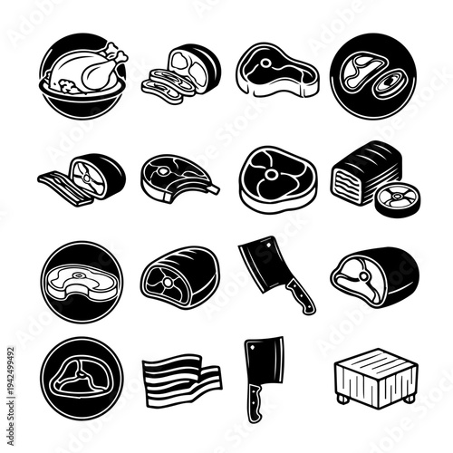 Meat icons collection featuring various cuts and cooking tools in simple line art