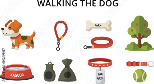 Illustration featuring a dog leash bone tree bowl bags collar ball