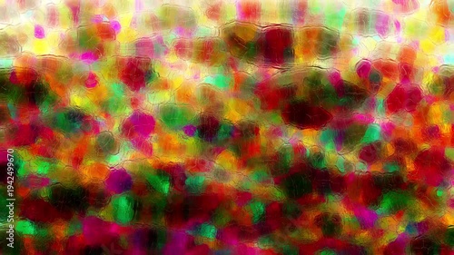 Bright vibrant abstract mosaic glass background with colorful shapes and textured distortion. Dynamic motion creates playful organic patterns with warm and cool tones blending together.
