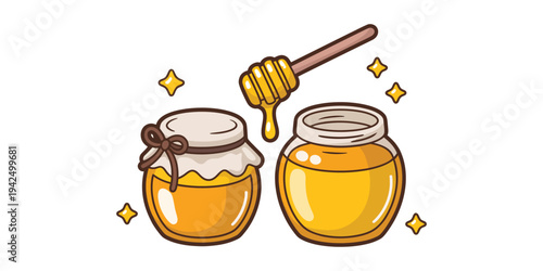 Cartoon honey jar icon featuring a glass pot filled with honey and sticky drip detail, cute sweet food concept illustration, clean playful vector graphic for stickers, packaging, children books