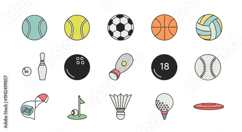 Collection of various sports equipment icons displayed neatly and simply