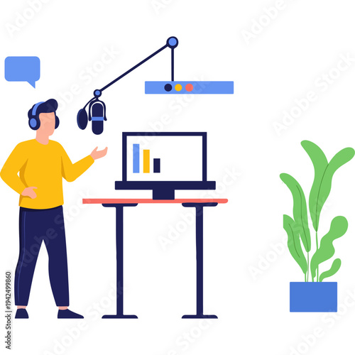A professional presenting a digital project with multimedia tools and a plant on the desk. Vector