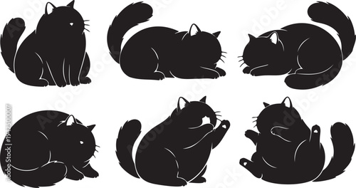 Set of 6 cute black cat vector illustrations in various poses, featuring adorable cartoon feline characters for pet-themed designs and animal lover projects