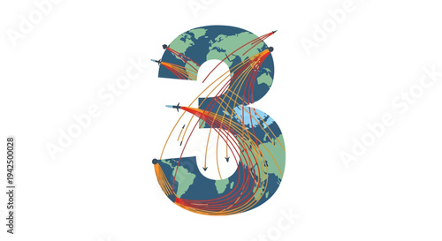 Abstract representation of global air travel routes and flight paths depicted as the number 3 overlaid on a stylized world map, symbolizing connectivity and movement across continents