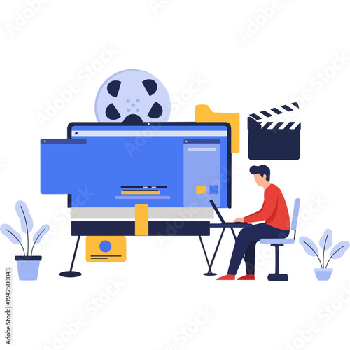 Creative filmmaker editing a video project on a computer with film reels and clapperboard nearby Vector