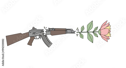 The juxtaposition of a broken rifle intertwined with a blooming flower, symbolizing peace and the end of conflict