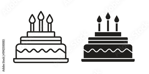 Birthday cake icon in black and white. clipart and line style icons