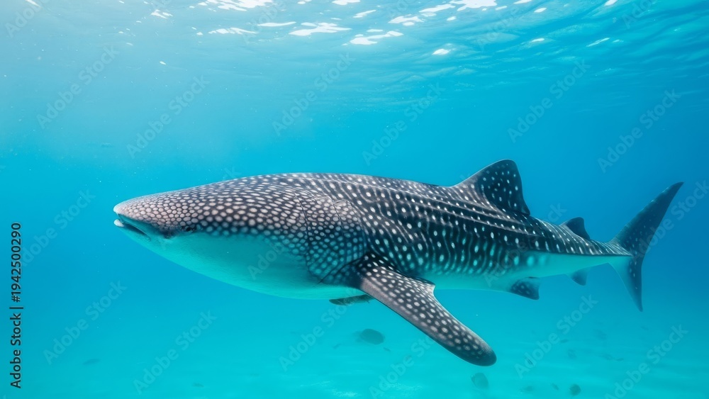 Fototapeta premium Majestic whale shark swims in clear blue tropical ocean water.