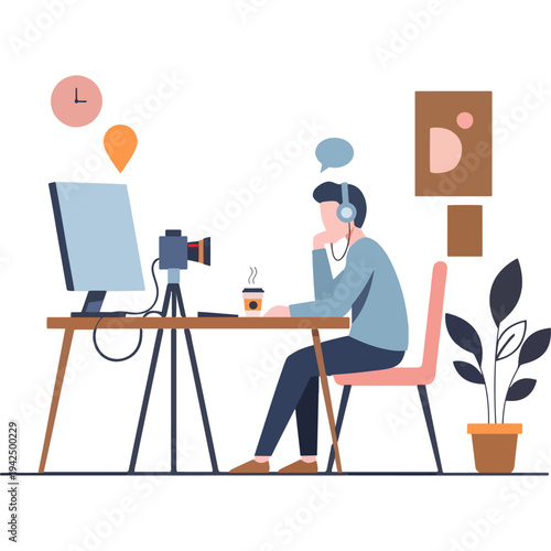 Creative professional working on video project in a cozy home office space Vector