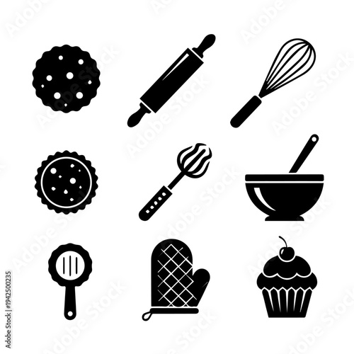 Baking icons set on white background illustrating bakery items and tools