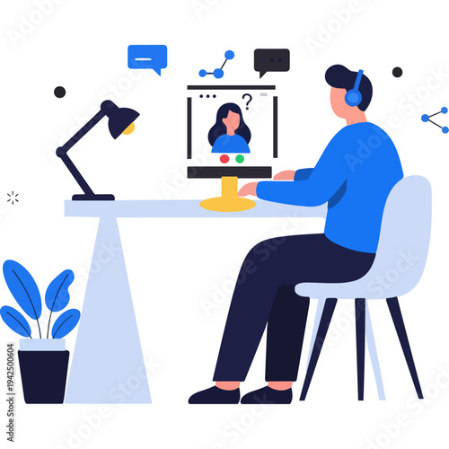 Professional engaging in a virtual meeting with colleagues at home office setup Vector