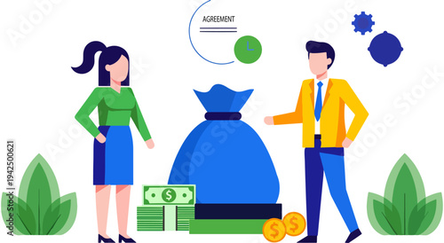Professionals discussing financial investments with a money bag and coins illustration Vector