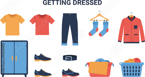 Illustration of clothing and accessories for getting dressed including shirts pants shoes socks and a coat