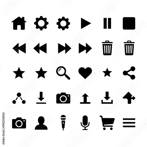 Collection of various icons representing media controls and user interface elements.