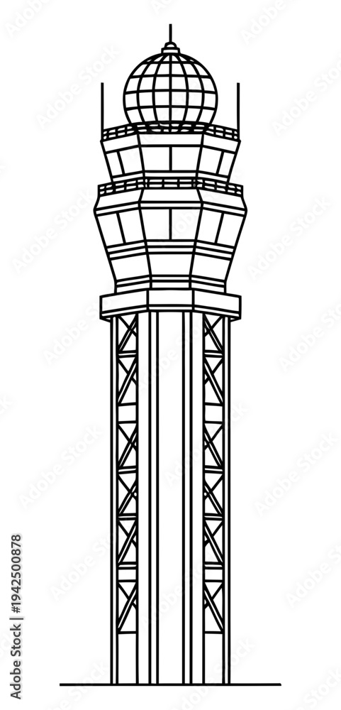 Obraz premium Simple black and white line drawing of a control tower with multiple levels and a distinctive grid pattern on the top section