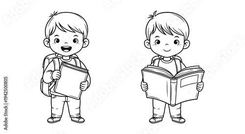 Children engaged in learning activities with school building and educational icons