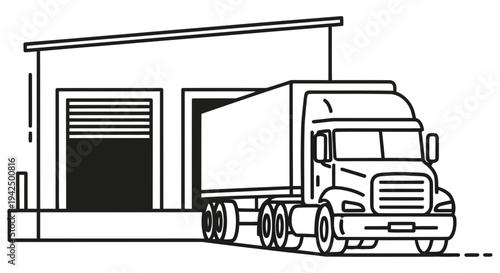 Large semi truck parked outside a warehouse with an open loading dock ready for delivery or pickup operations