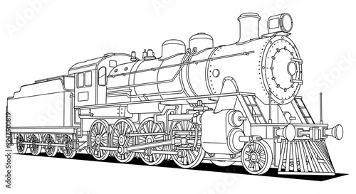 Vintage black and white illustration of a classic steam locomotive train engine with detailed mechanical features and ornate design elements on a clean white background