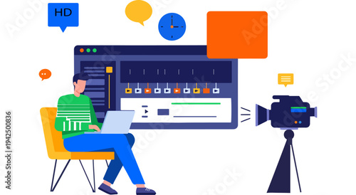 Creative professional editing video content in a modern studio environment. Vector