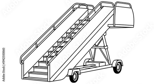 Passenger boarding stairs for aircraft with mobile support and adjustable height in simple black line illustration style